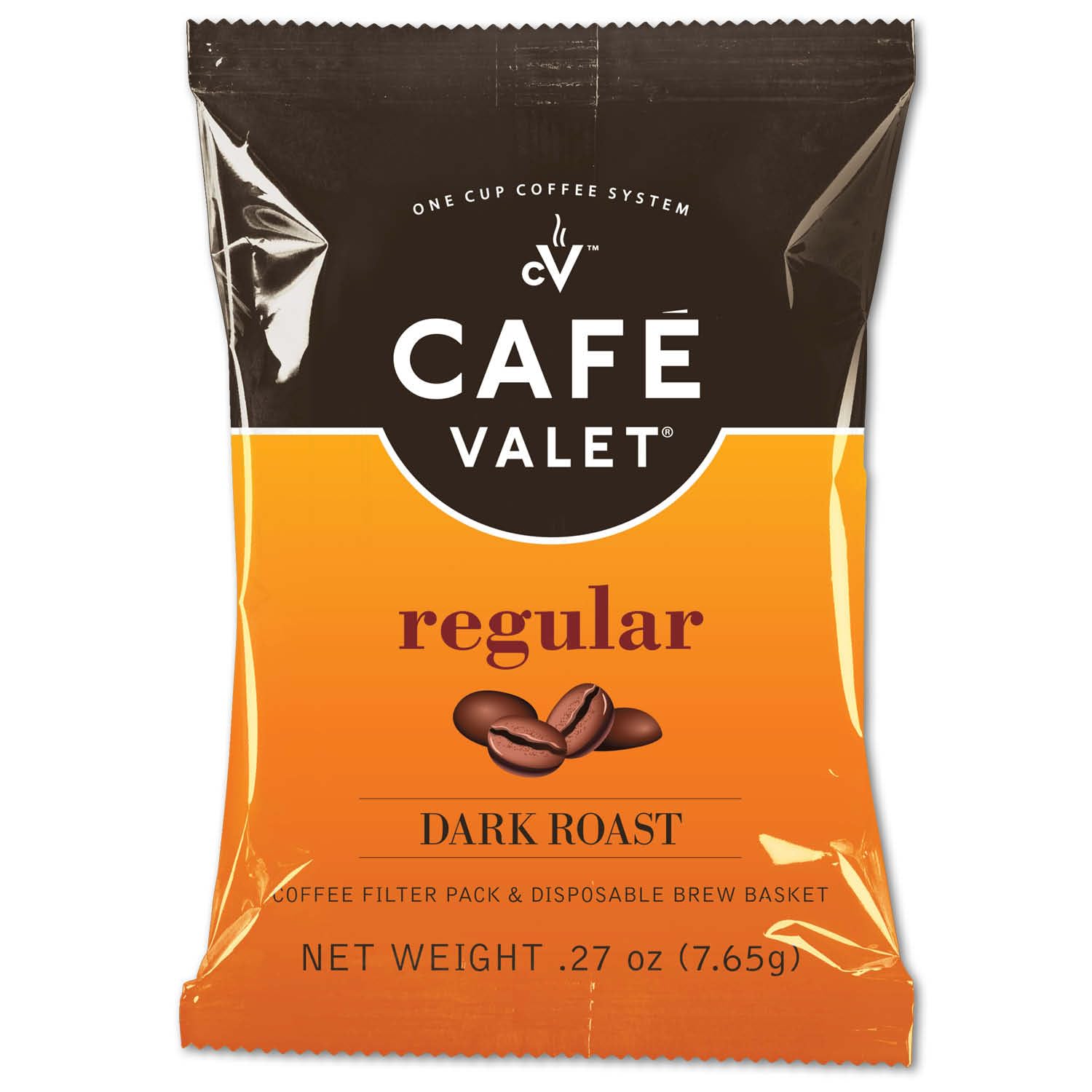 Cafe Valet regular dark roast packets displayed in a box for easy grab-and-brew.