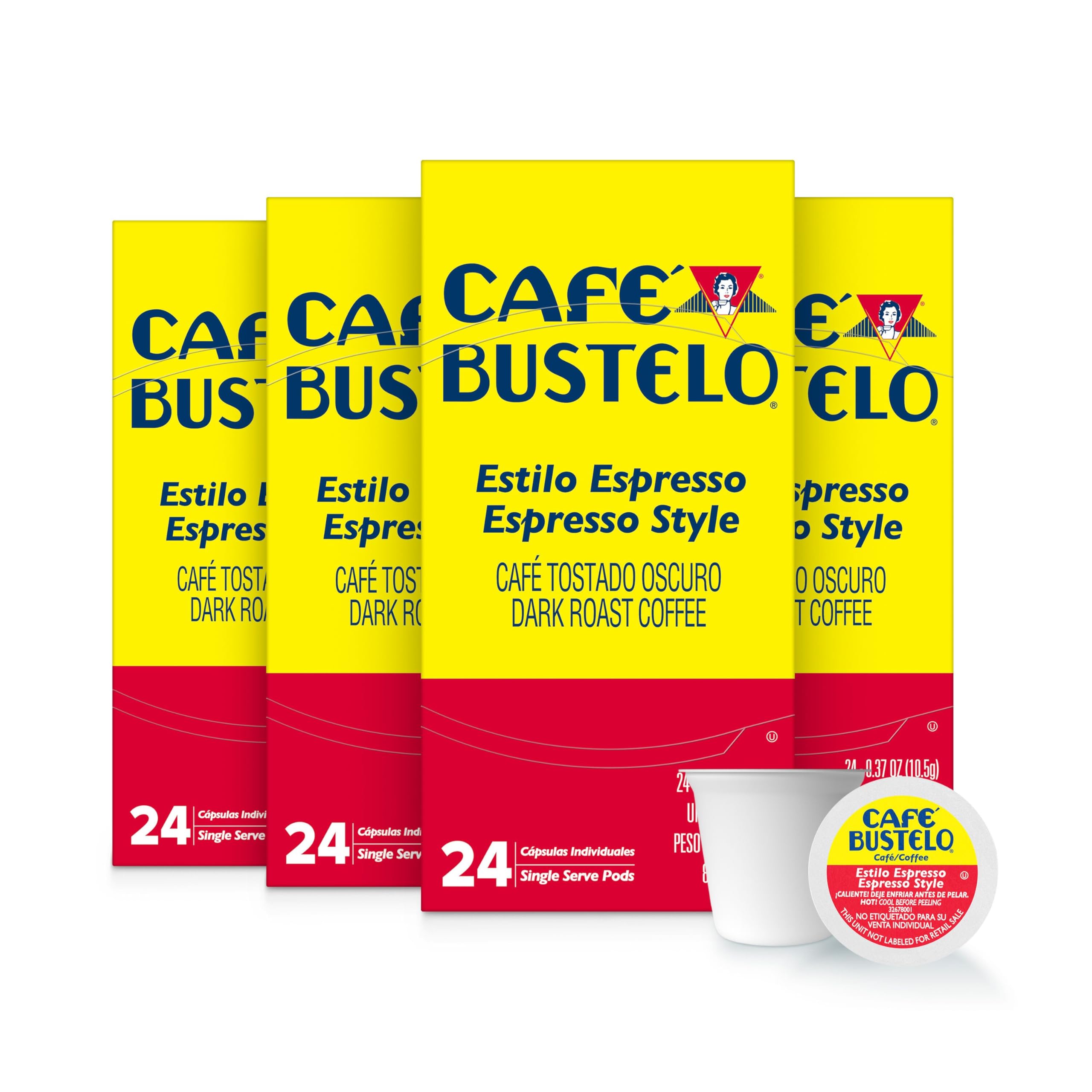 Cafe Bustelo espresso-style dark roast pods front box ready for quick mornings.