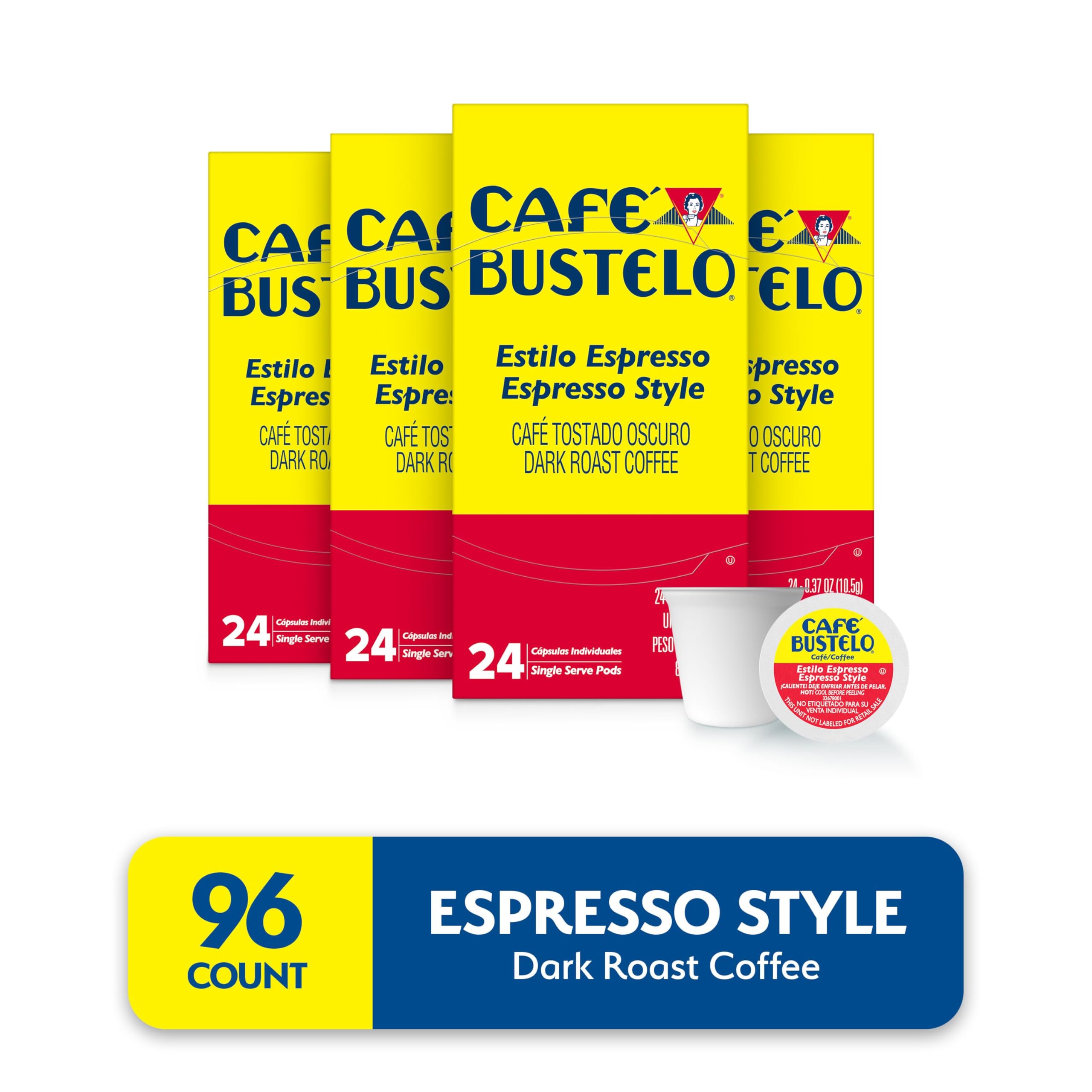 Cafe Bustelo espresso-style dark roast pods in packaging bundle showing value.