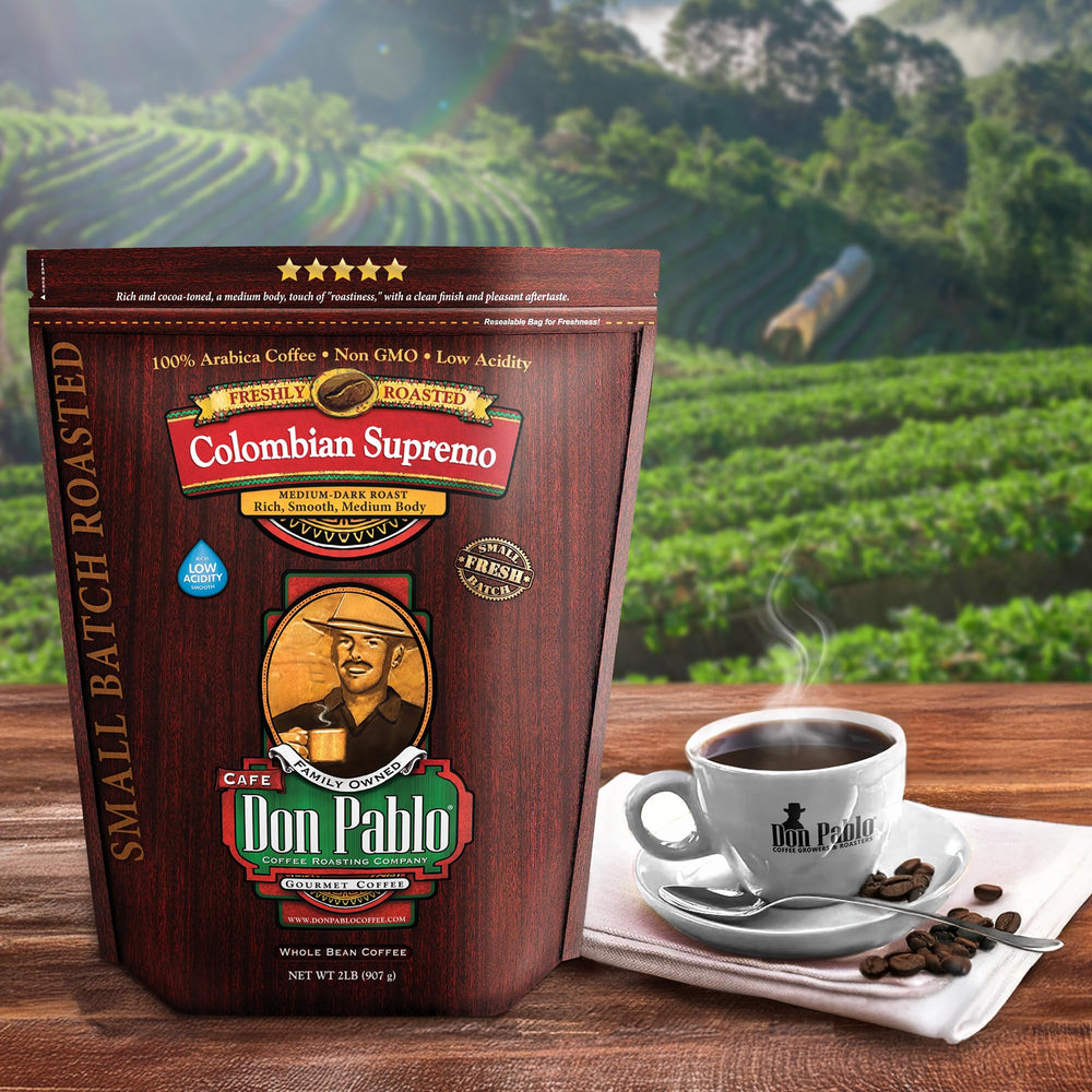 Cafe Don Pablo Colombian Supremo bag showcasing premium whole beans aroma