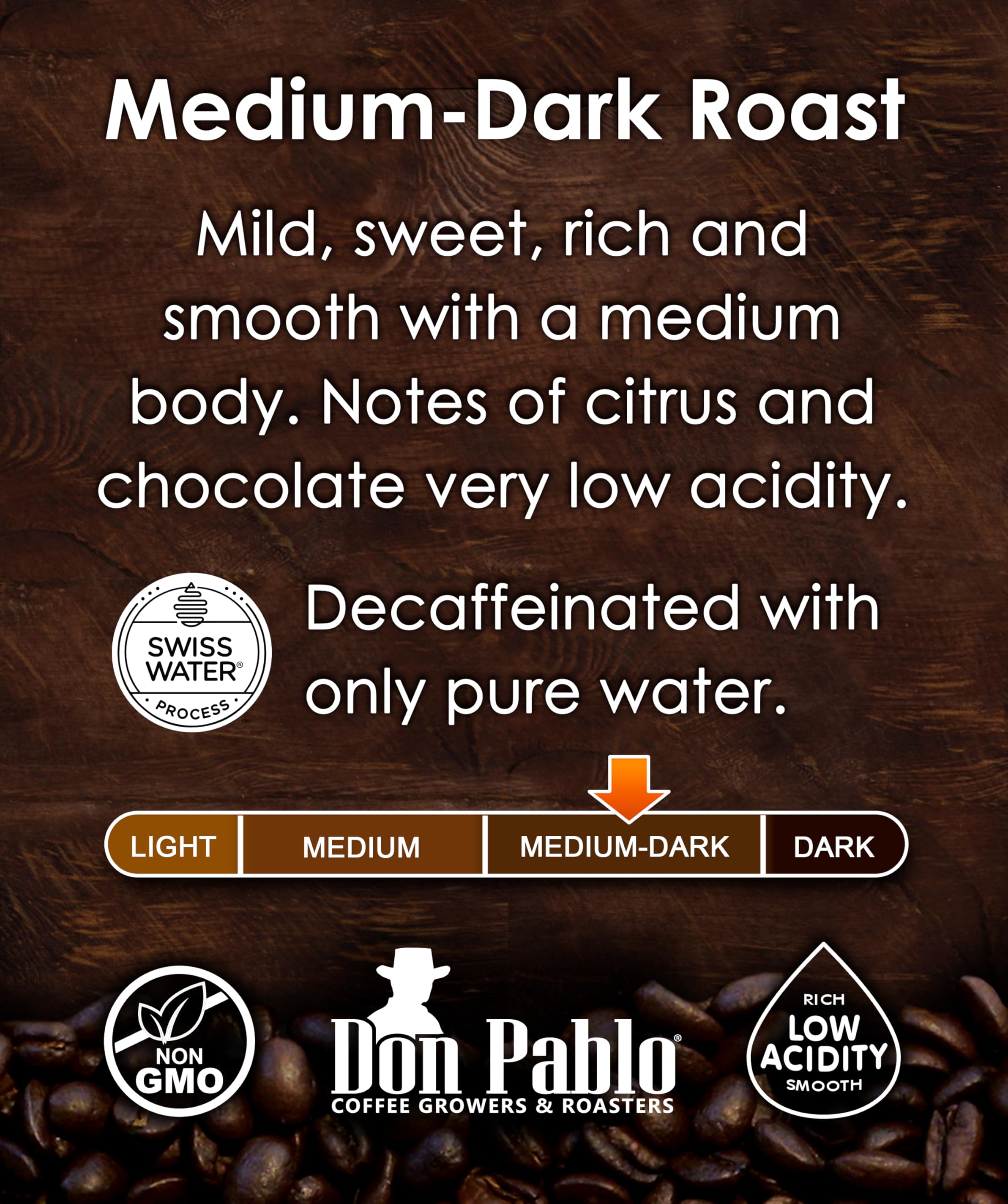 Cafe Don Pablo Colombian Supremo beans closeup reveals rich aroma.