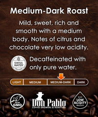 Cafe Don Pablo Colombian Supremo beans closeup reveals rich aroma.