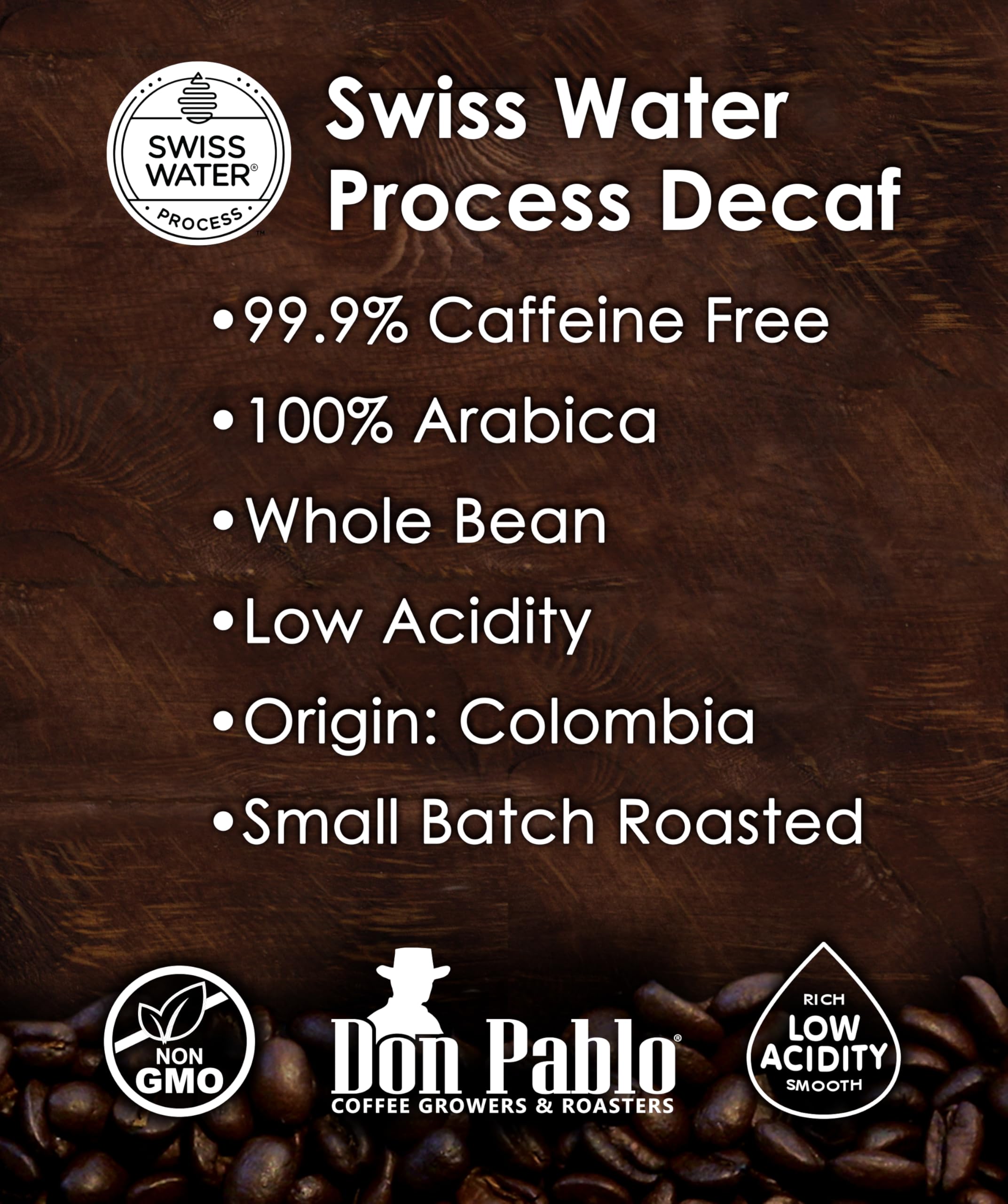 Cafe Don Pablo Decaf Medium-Dark Roast steam suggests bold yet smooth finish.