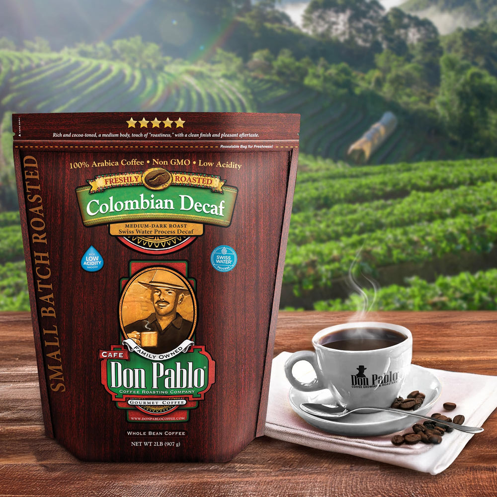 Cafe Don Pablo Decaf Swiss Water Process label emphasizes chemical-free decaf.