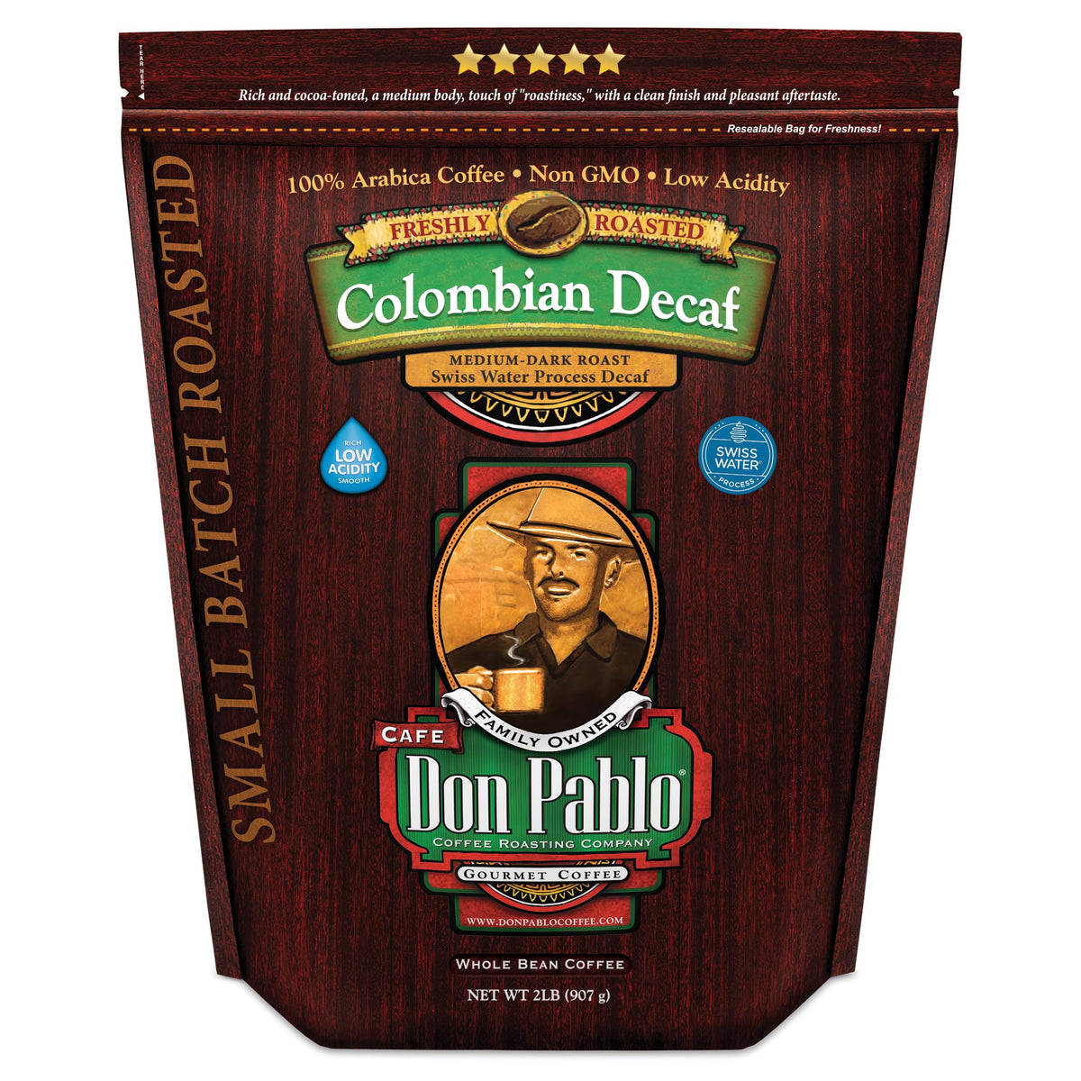 Cafe Don Pablo Colombian Decaf bag front highlighting premium Arabica quality.