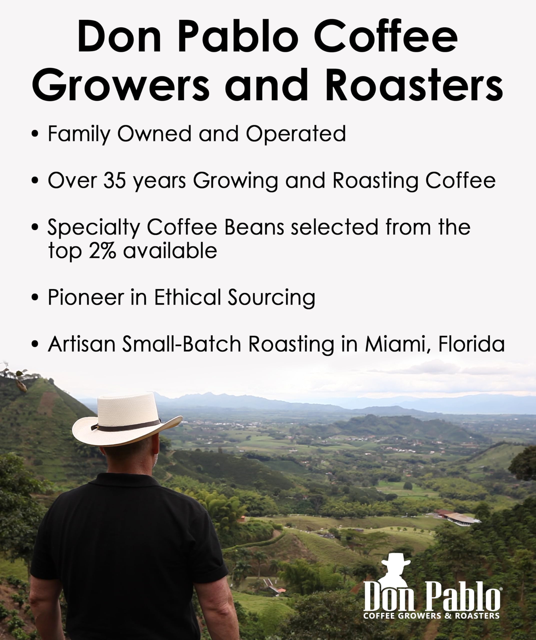 Cafe Don Pablo Ethical Sourcing badge signals sustainable coffee practices.