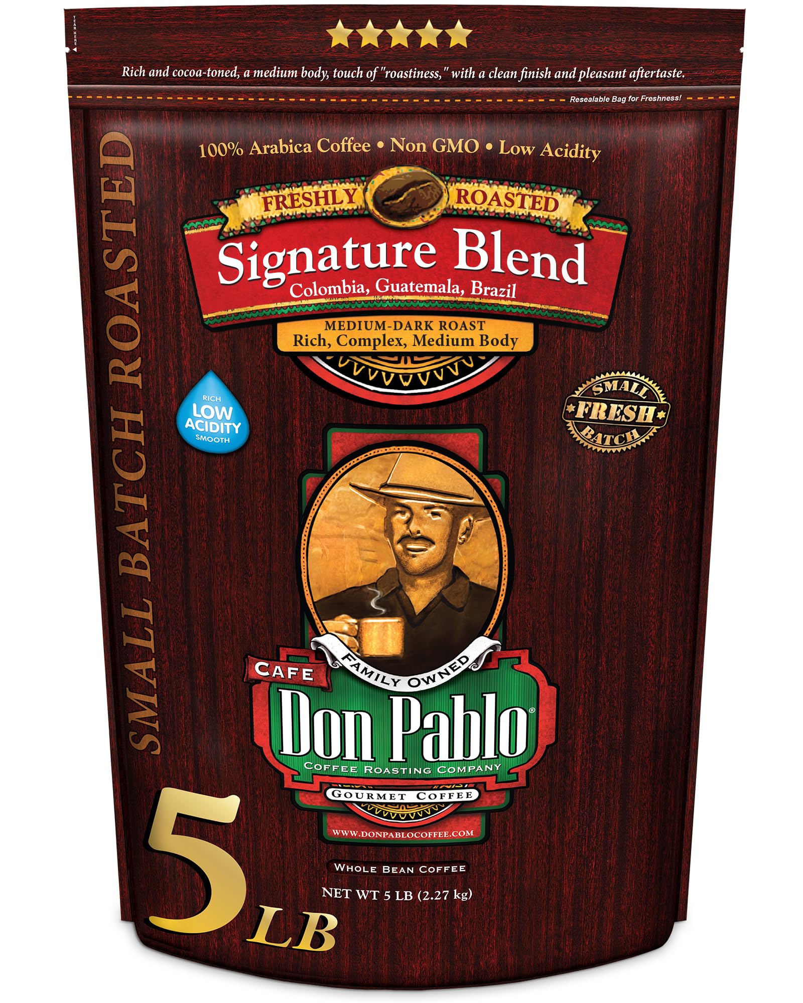 Don Pablo Signature Blend bag displaying premium 100% Arabica with smooth, low-acidity profile.
