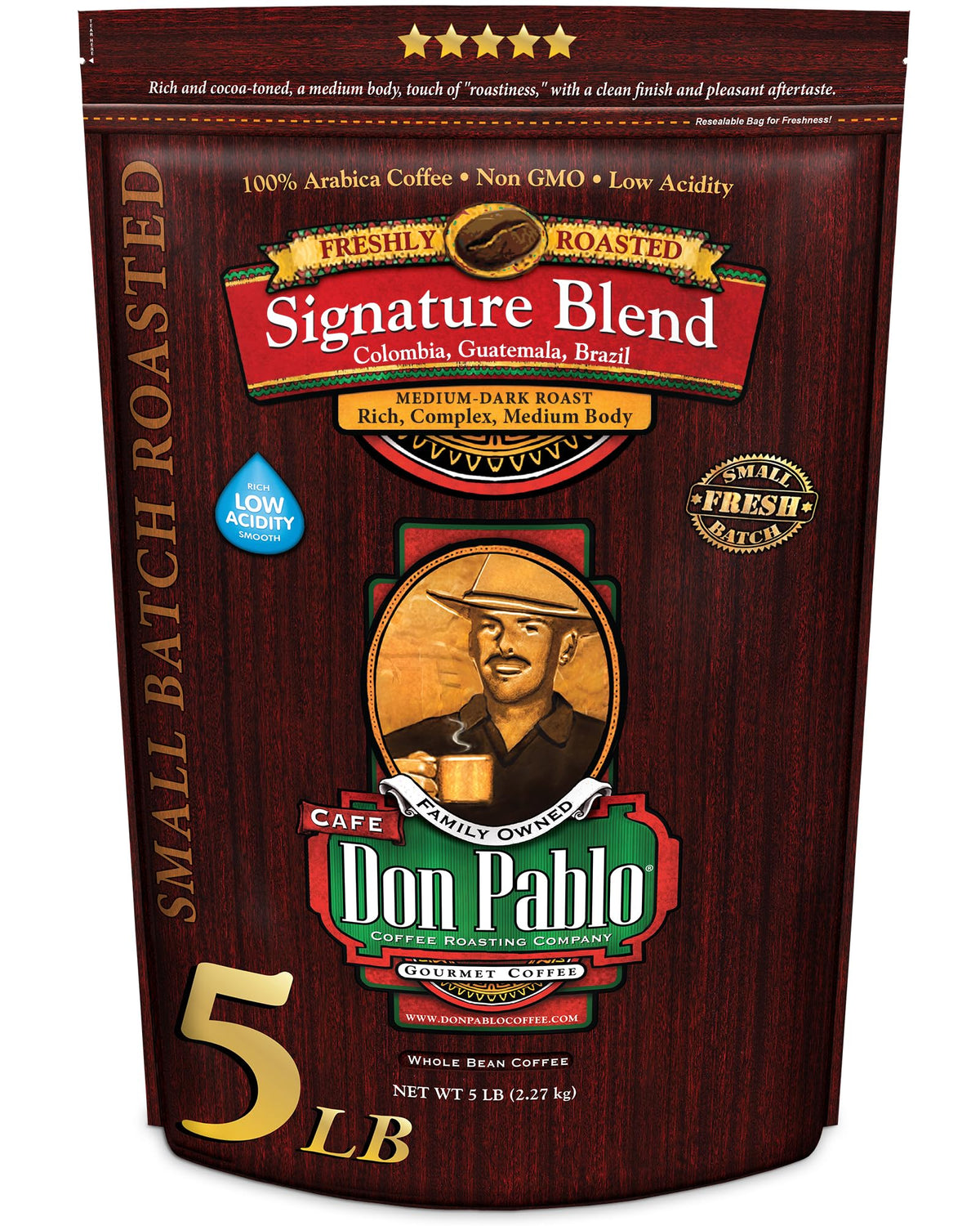 Don Pablo Signature Blend bag displaying premium 100% Arabica with smooth, low-acidity profile.