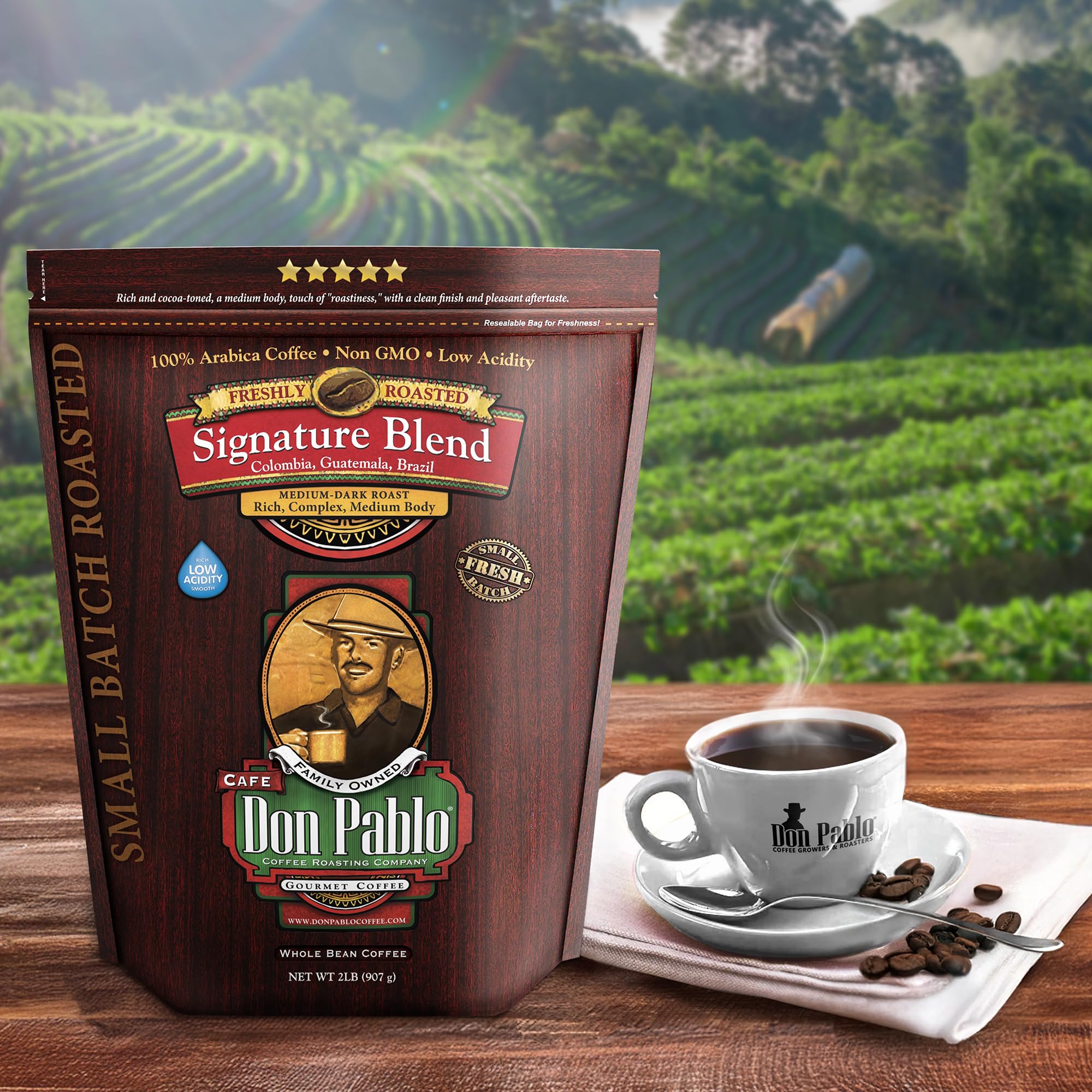 Cafe Don Pablo Signature Blend kitchen-scene suggests daily coffee ritual.
