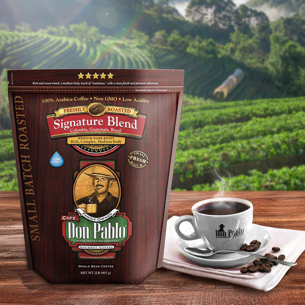 Cafe Don Pablo Signature Blend kitchen-scene suggests daily coffee ritual.