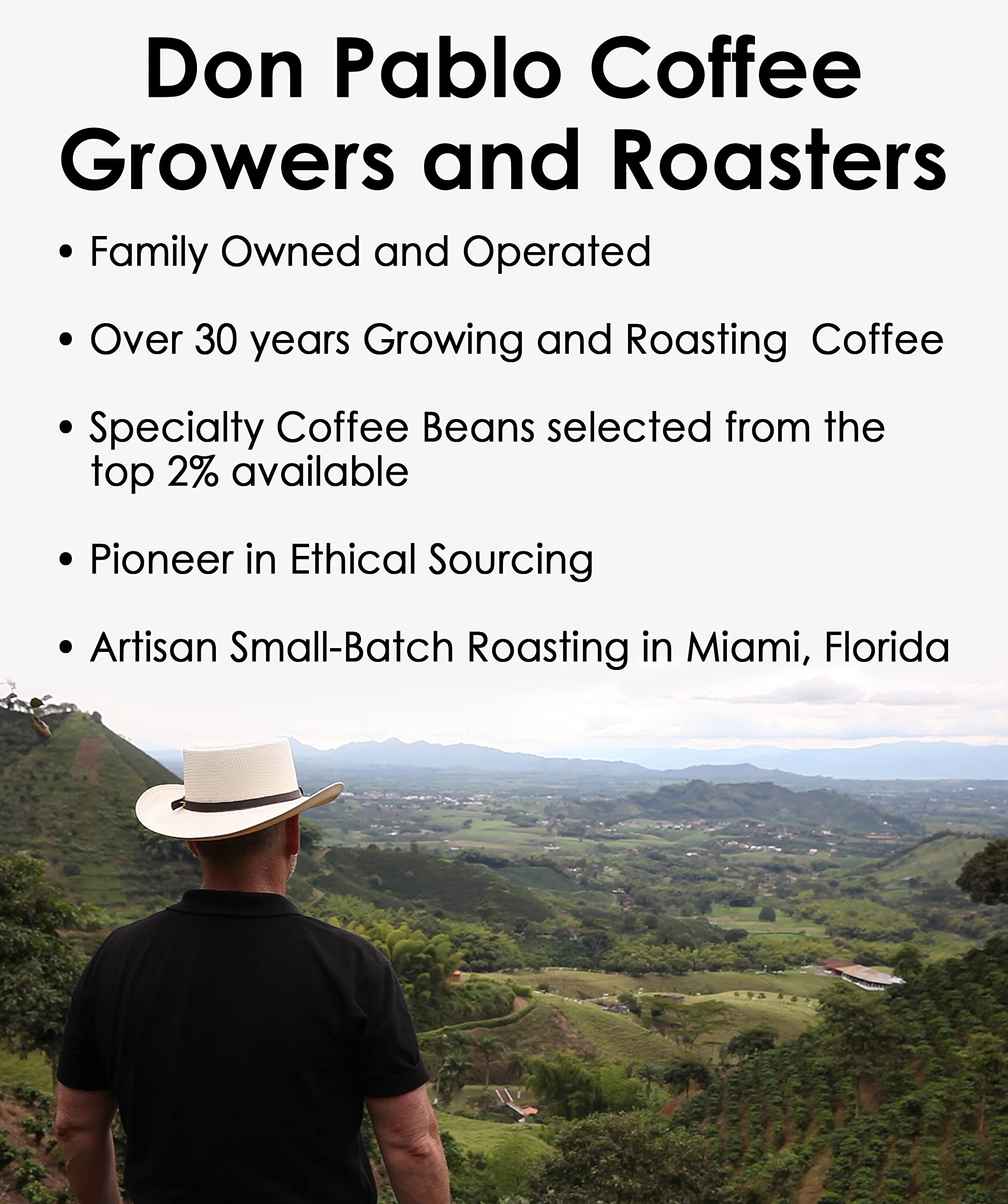 Don Pablo label on roasted coffee bag showcasing origin trio: Colombia, Guatemala, Brazil.