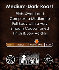 Freshly brewed cup of Don Pablo coffee highlighting medium-dark roast and cocoa-toned finish.