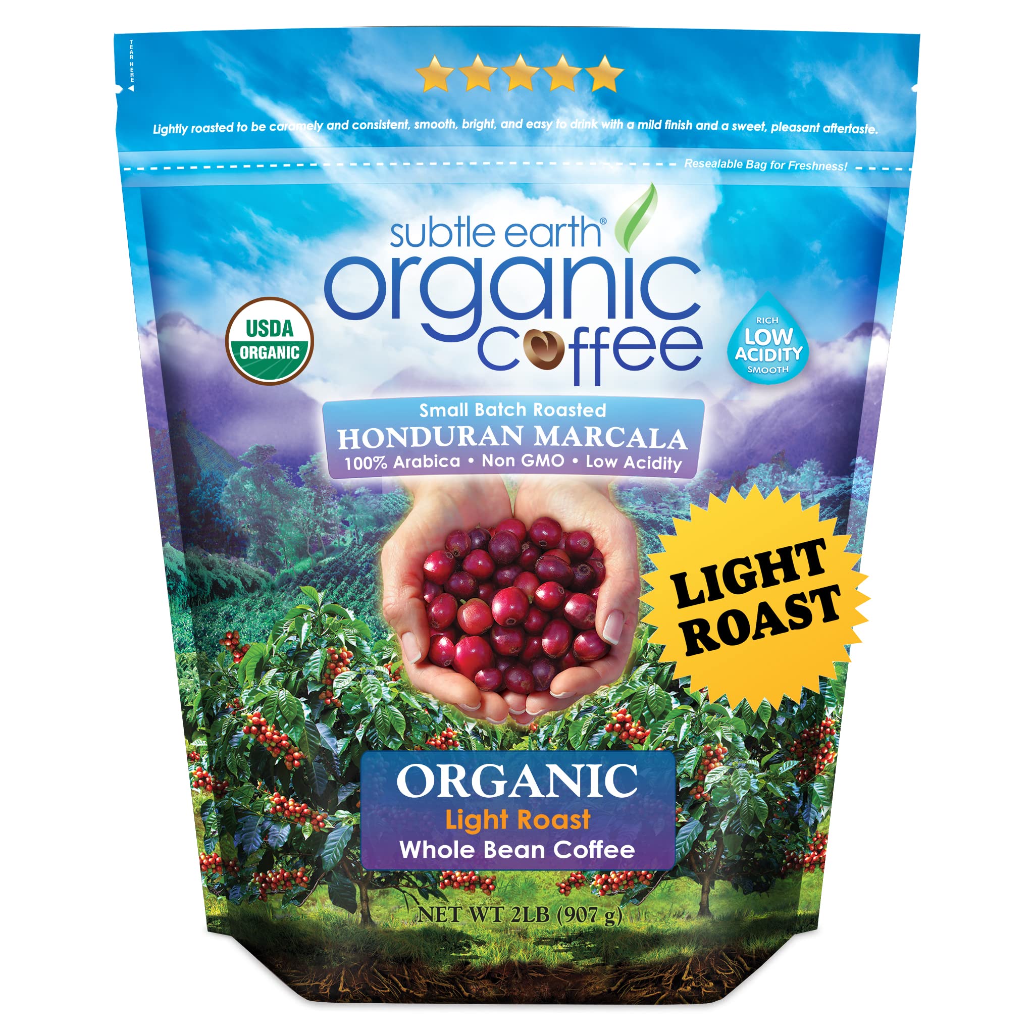Cafe Don Pablo Subtle Earth bag on counter highlighting organic low-acidity aroma for everyday brews