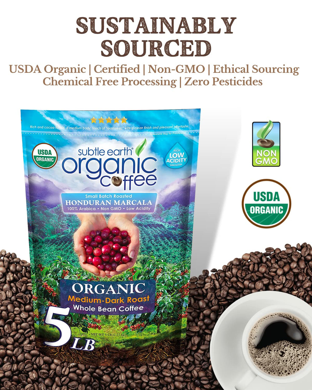 Cafe Don Pablo Subtle Earth coffee highlighting low acidity for easy mornings.