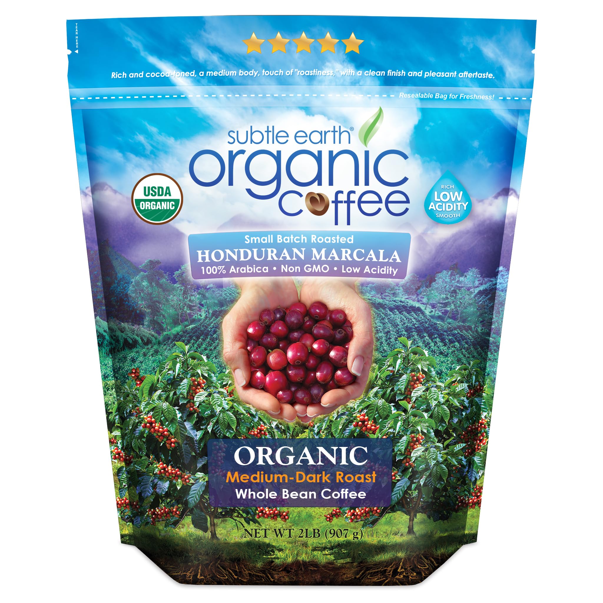 Cafe Don Pablo Subtle Earth organic coffee bag with eco-certification for sustainability.