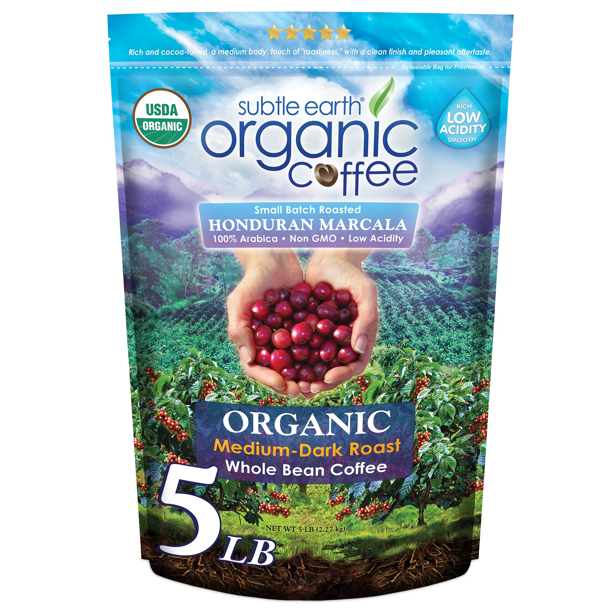 Cafe Don Pablo Subtle Earth organic coffee bag showing premium whole beans for daily brew.