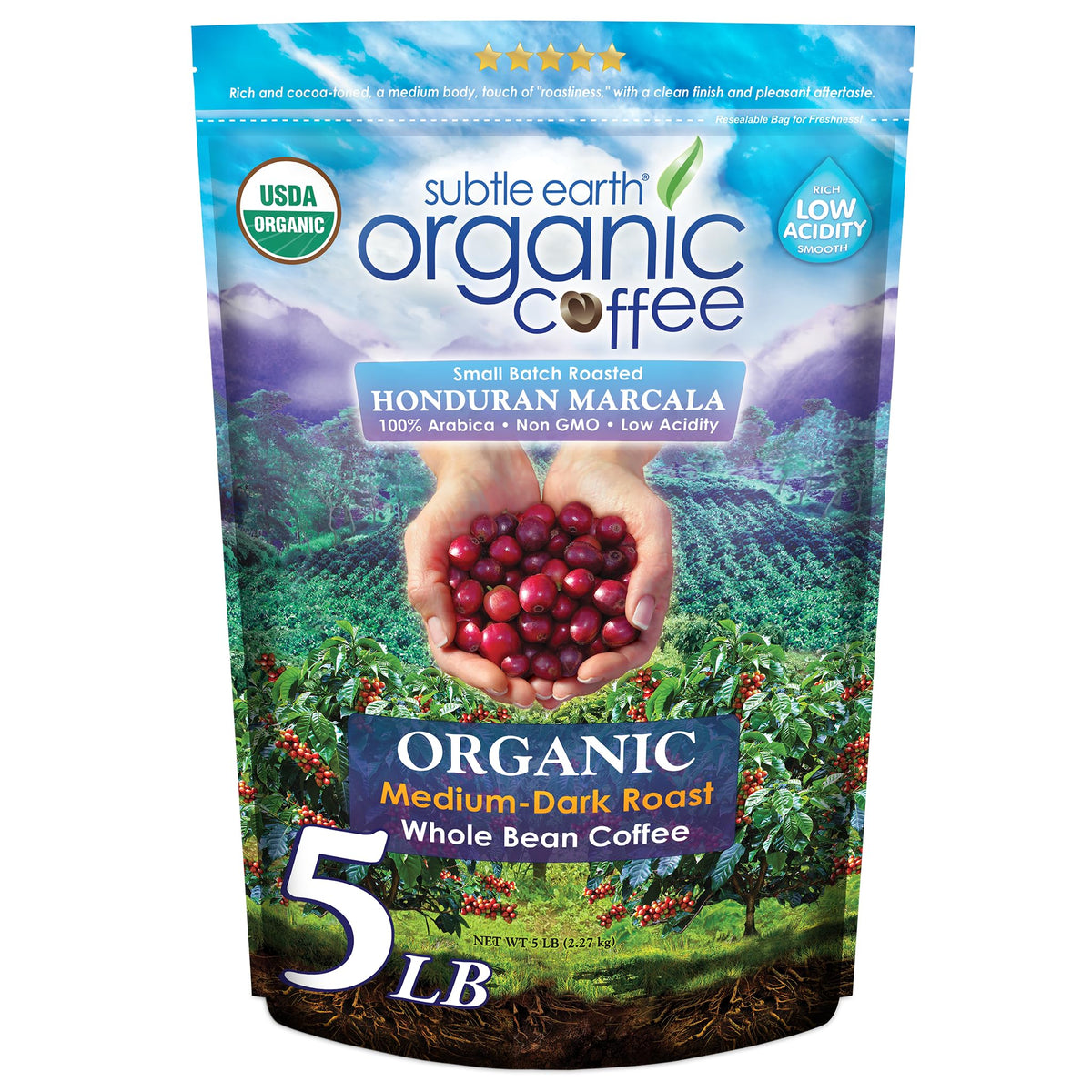 Cafe Don Pablo Subtle Earth organic coffee bag showing premium whole beans for daily brew.