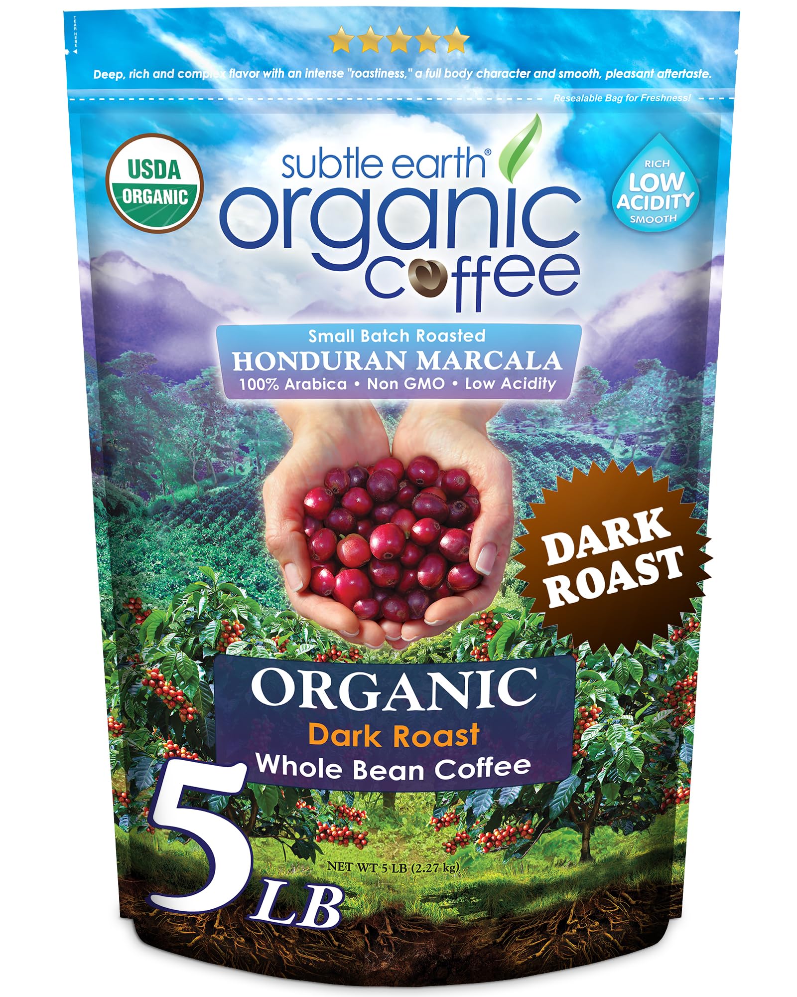 Cafe Don Pablo Subtle Earth Organic Coffee beans in dark roast for a bold morning start