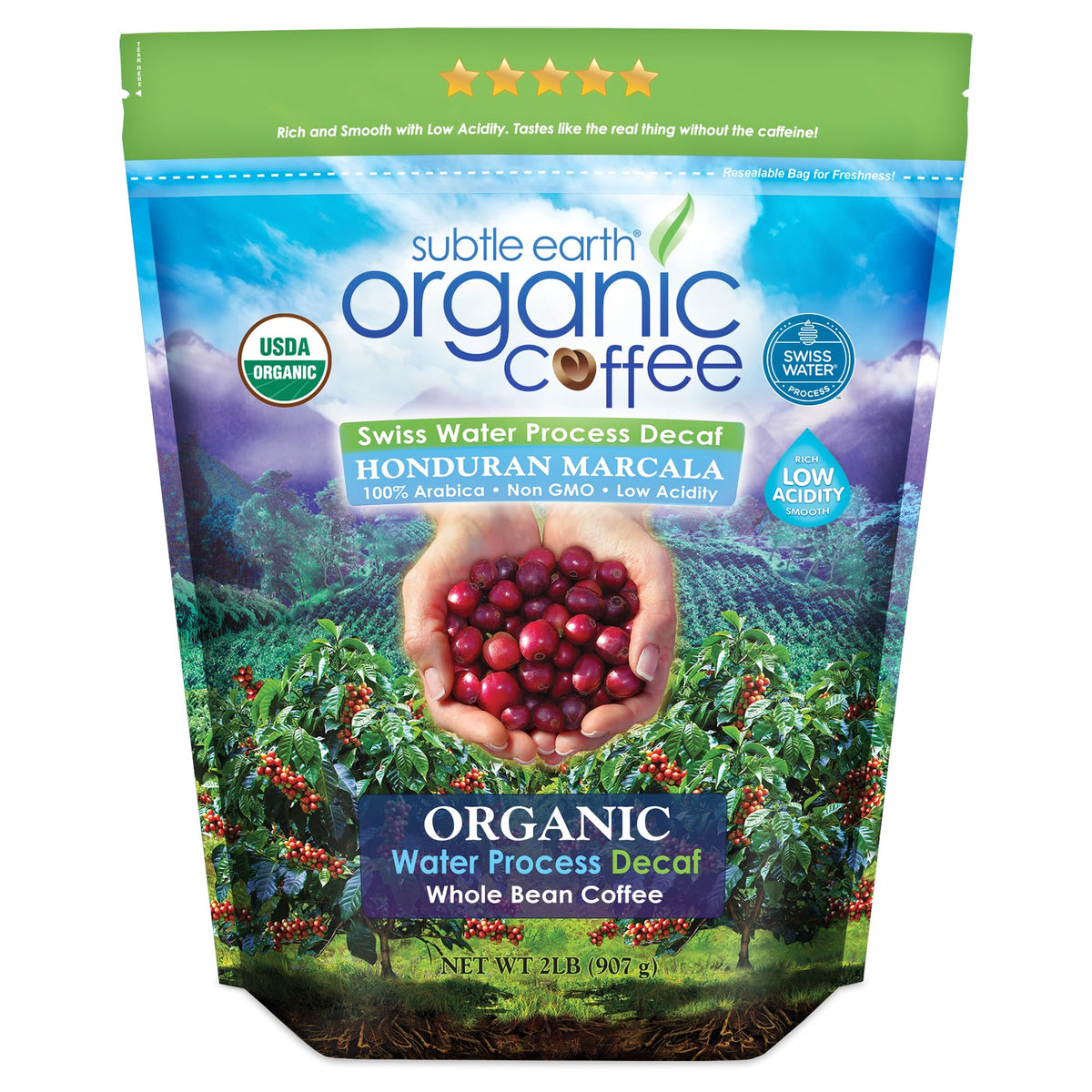 Cafe Don Pablo Subtle Earth Organic Decaf Bag shows Swiss Water decaf and rich flavor.