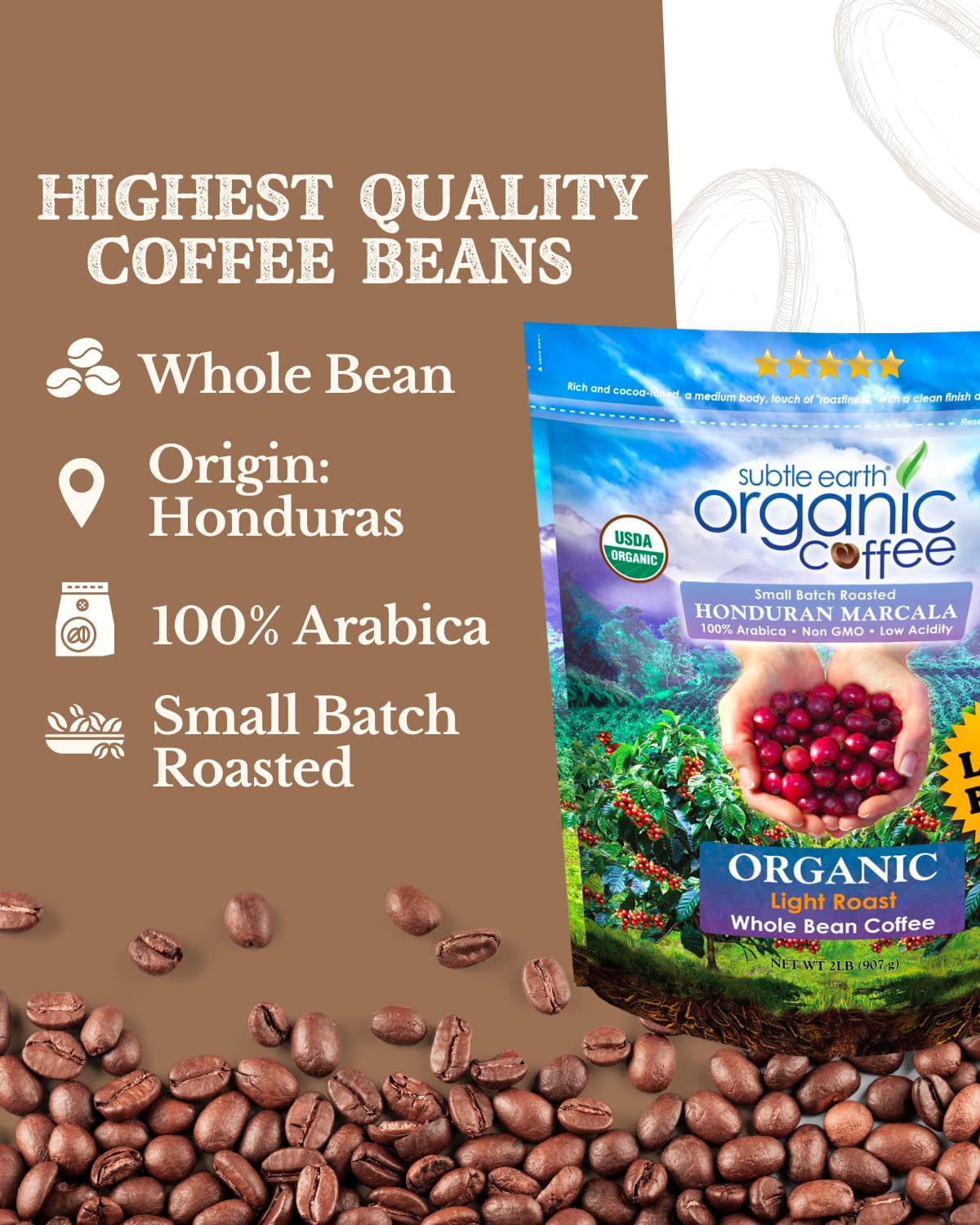 Cafe Don Pablo Subtle Earth whole-bean pack emphasizing 100% Arabica sweetness and smooth flavor