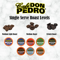 Cafe Don Pedro dark roast pods shown for bold, smooth coffee.
