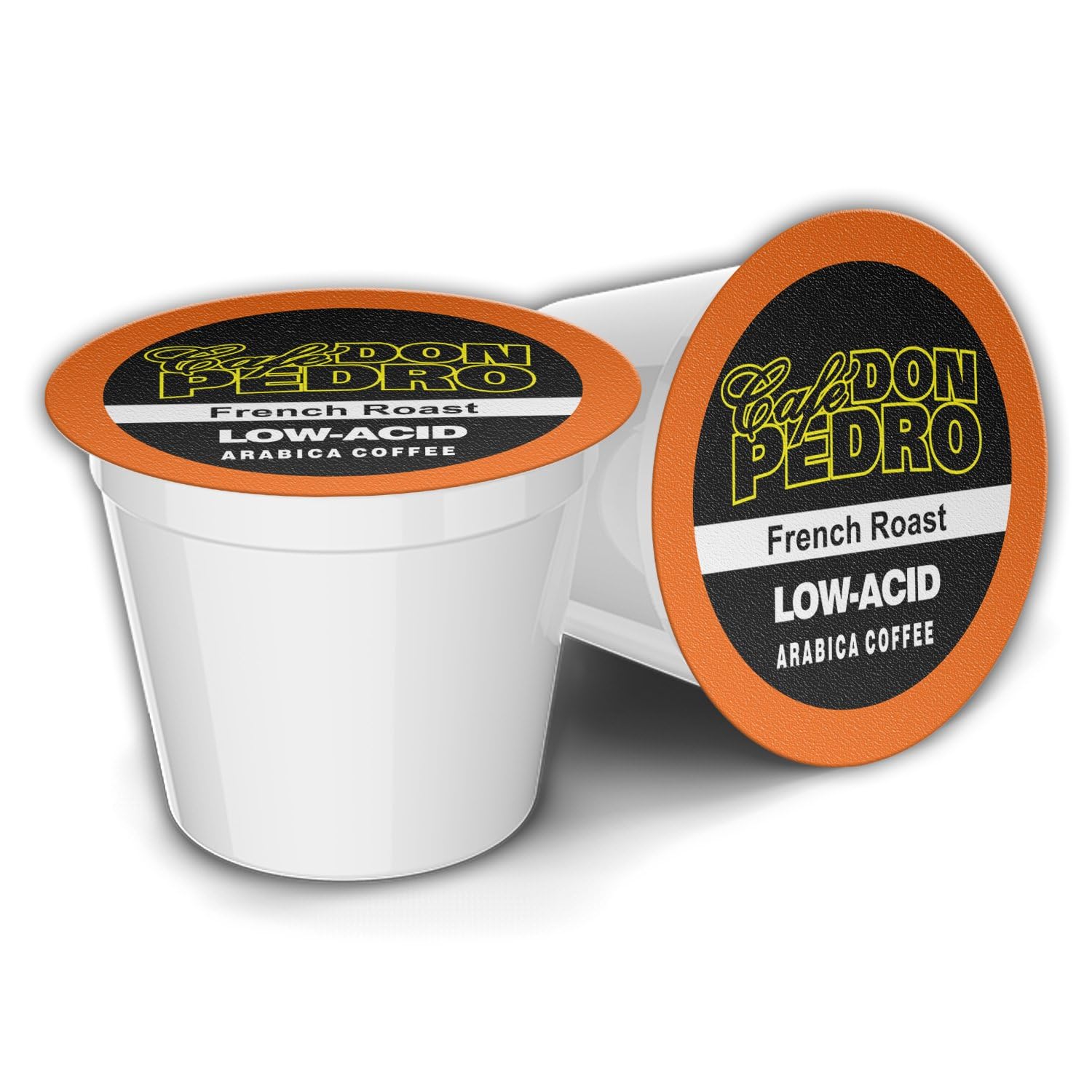 Cafe Don Pedro French Roast Low Acid Pods in box, ready for quick Keurig brewing.