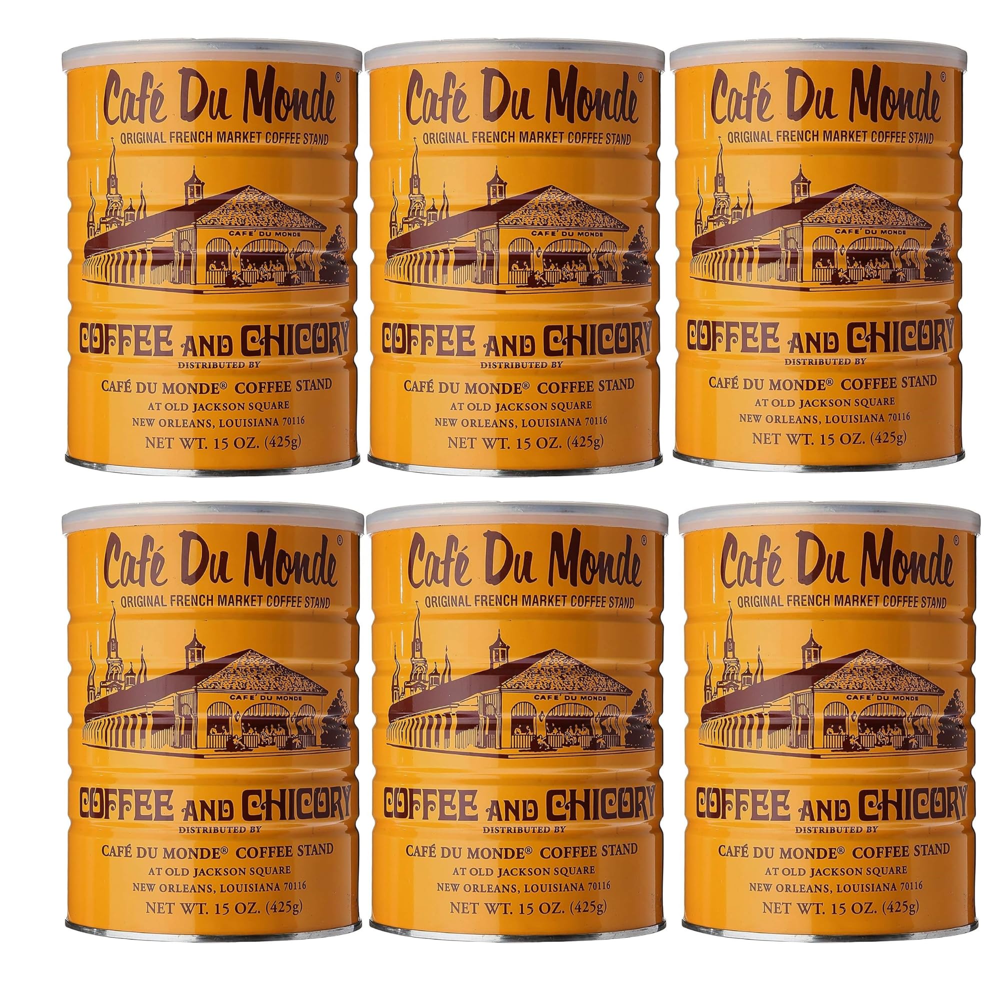 Cafe Du Monde coffee with chicory front view in six-pack packaging.