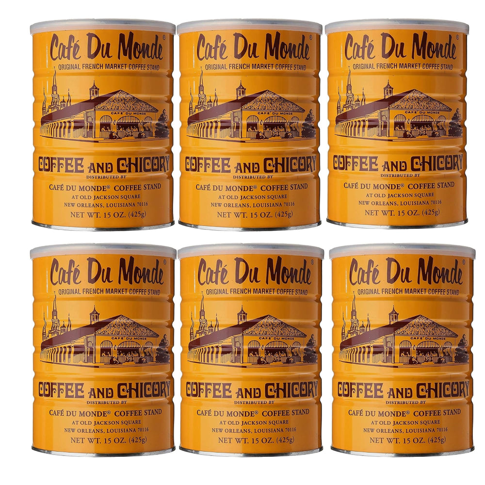 Cafe Du Monde coffee with chicory front view in six-pack packaging.