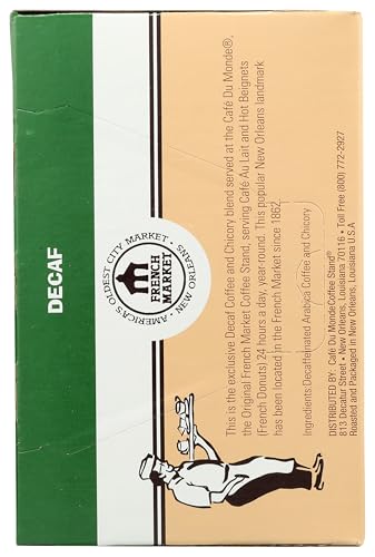 Box front of Cafe Du Monde decaf chicory single-serve cups.