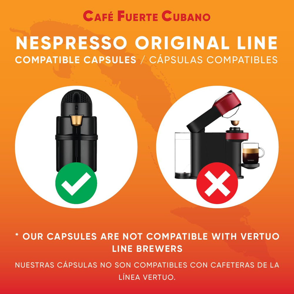 Café Fuerte Cubano compatible with Nespresso Original machines, highlighting machine compatibility.
