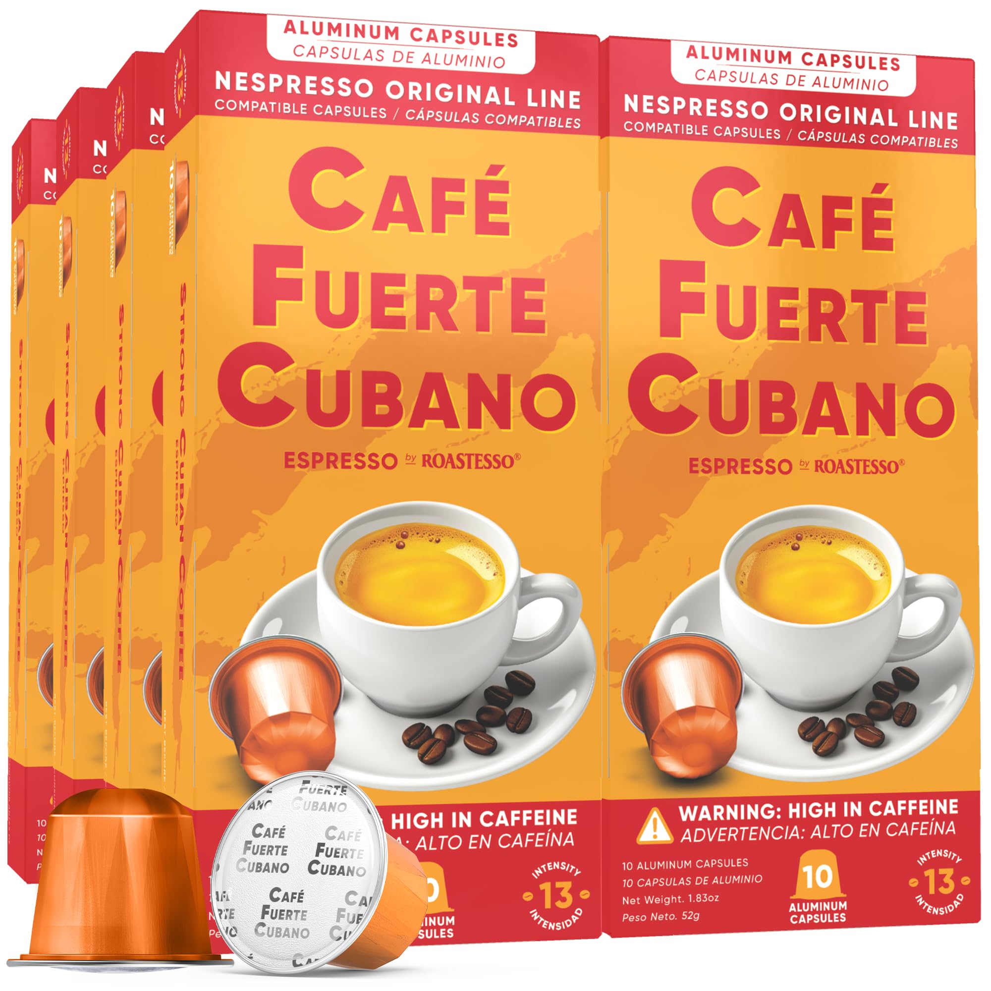 Café Fuerte Cubano packaging close-up, recyclable aluminum capsules preserving freshness.