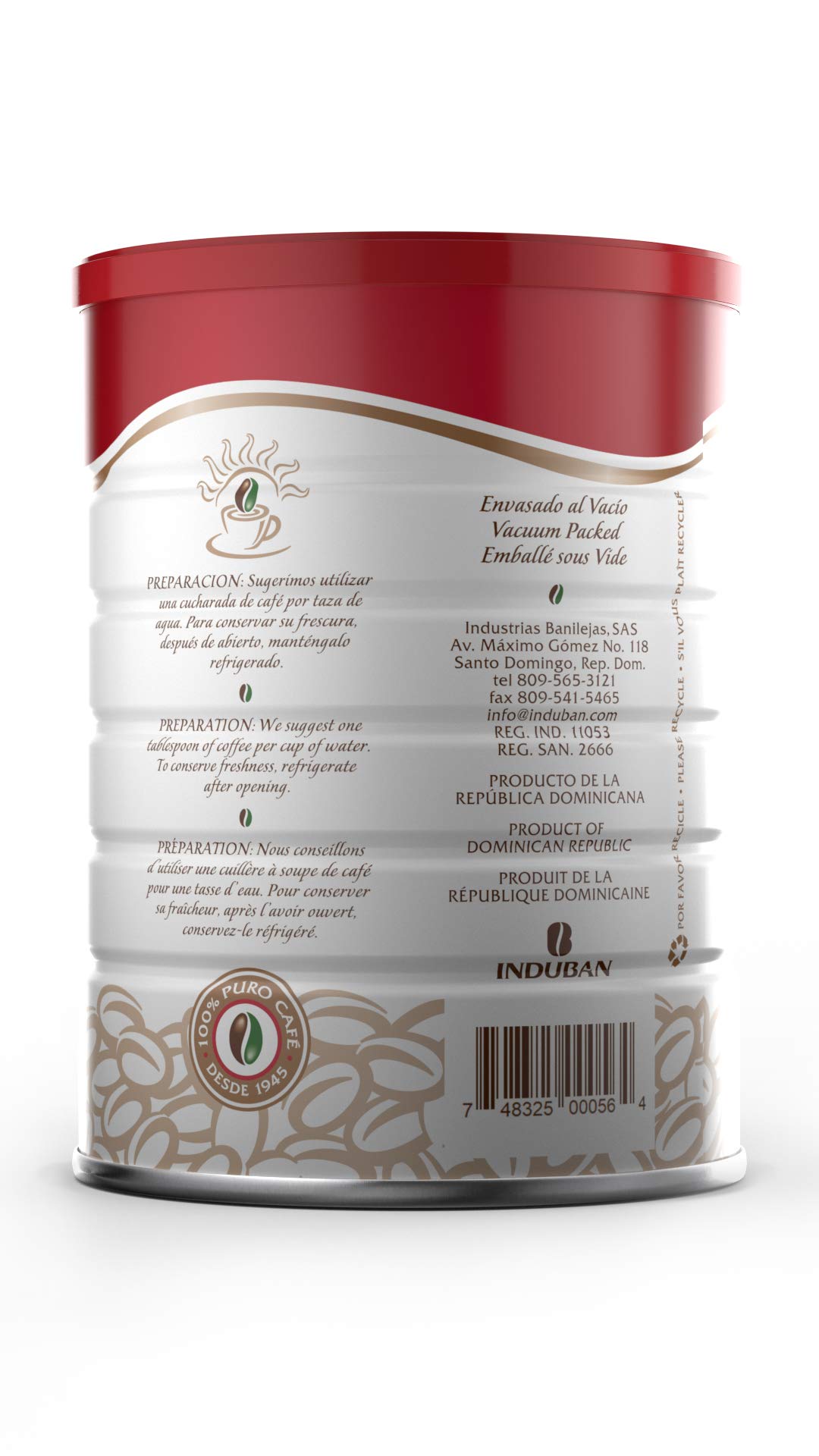 Café Santo Domingo INDUBAN 10 oz can close-up highlights aroma and branding.