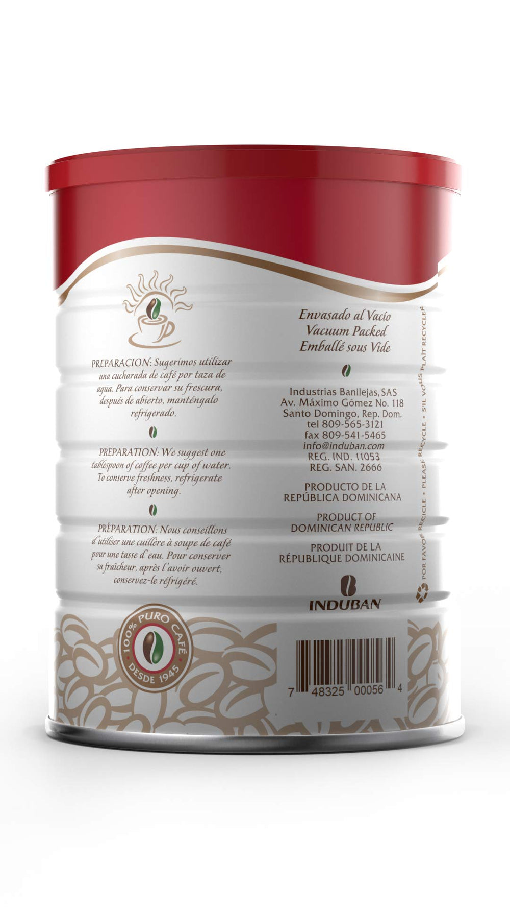 Café Santo Domingo INDUBAN 10 oz can close-up highlights aroma and branding.