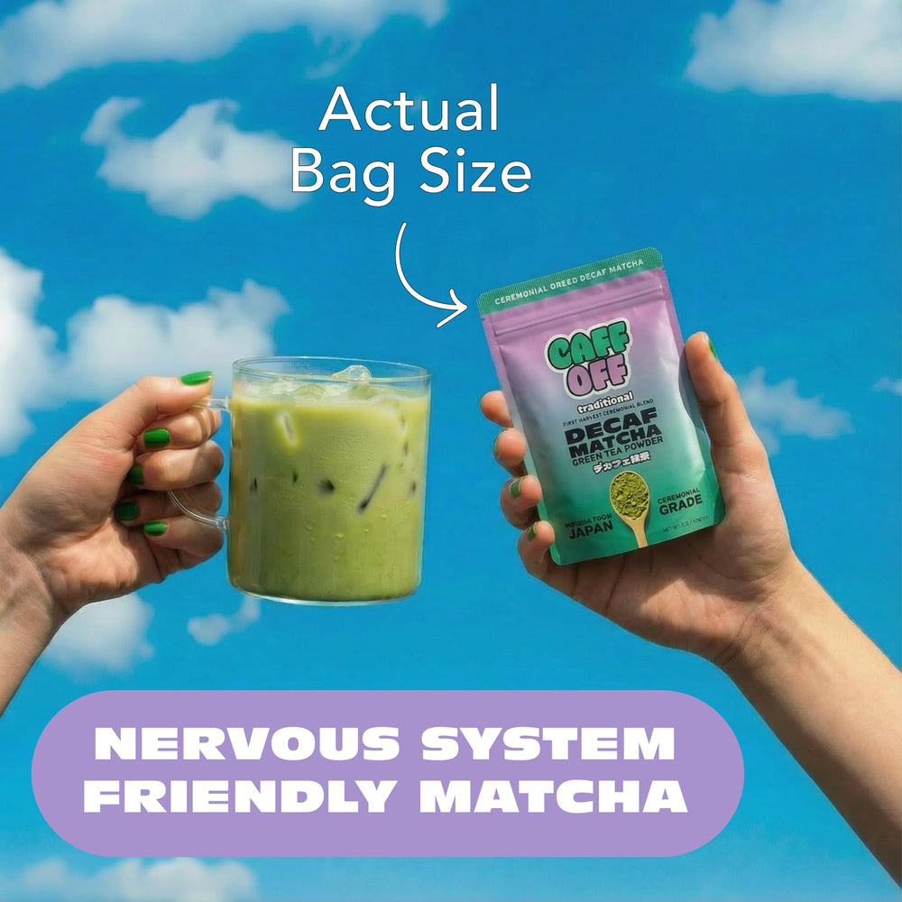 Caff Off decaf matcha measuring spoon scene suggests easy portioning for precise brewing