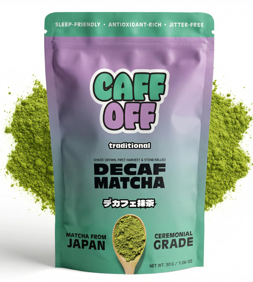Caff Off decaf matcha pouch front highlights premium ceremonial-grade quality for everyday ritual