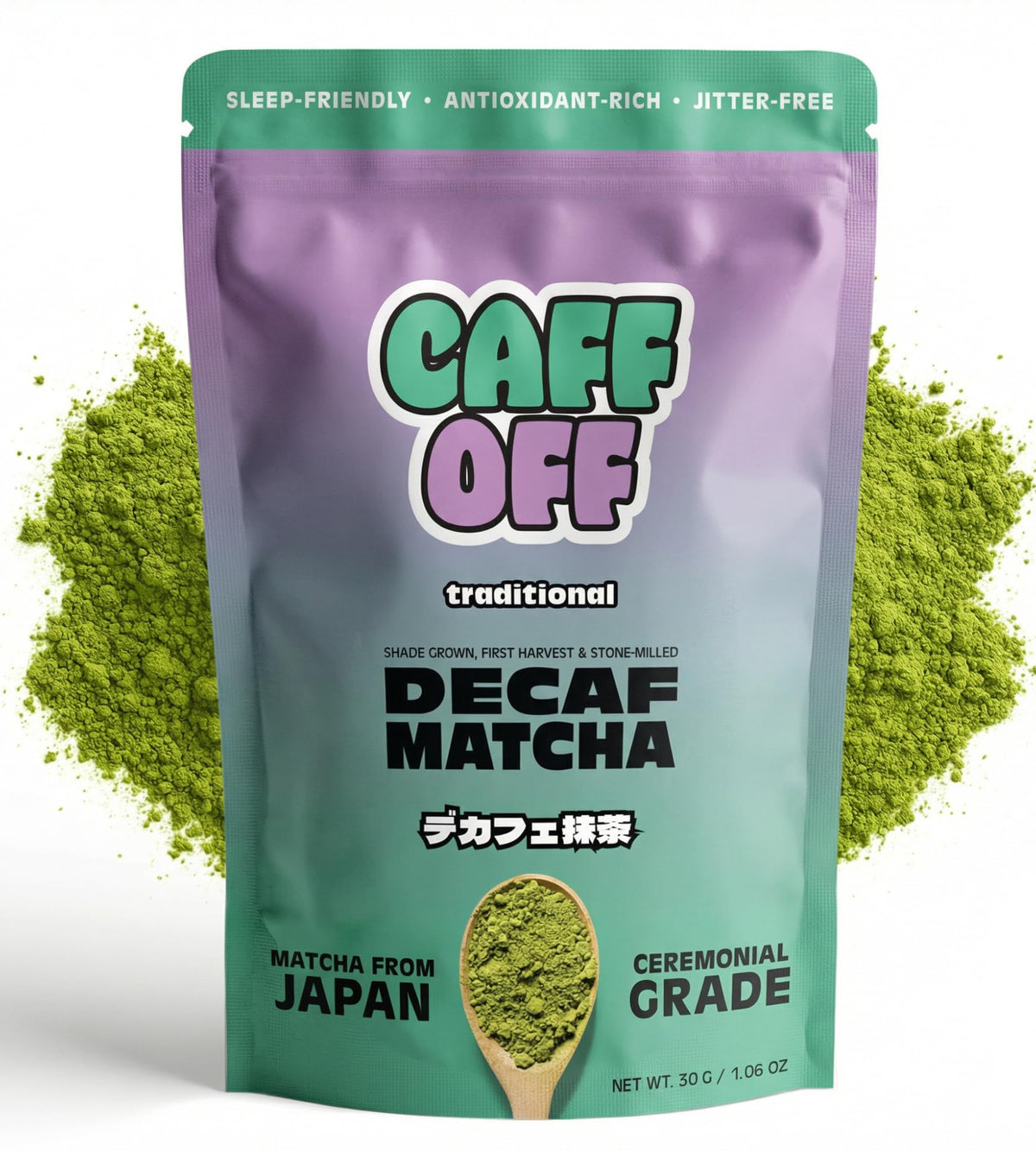 Caff Off decaf matcha pouch front highlights premium ceremonial-grade quality for everyday ritual