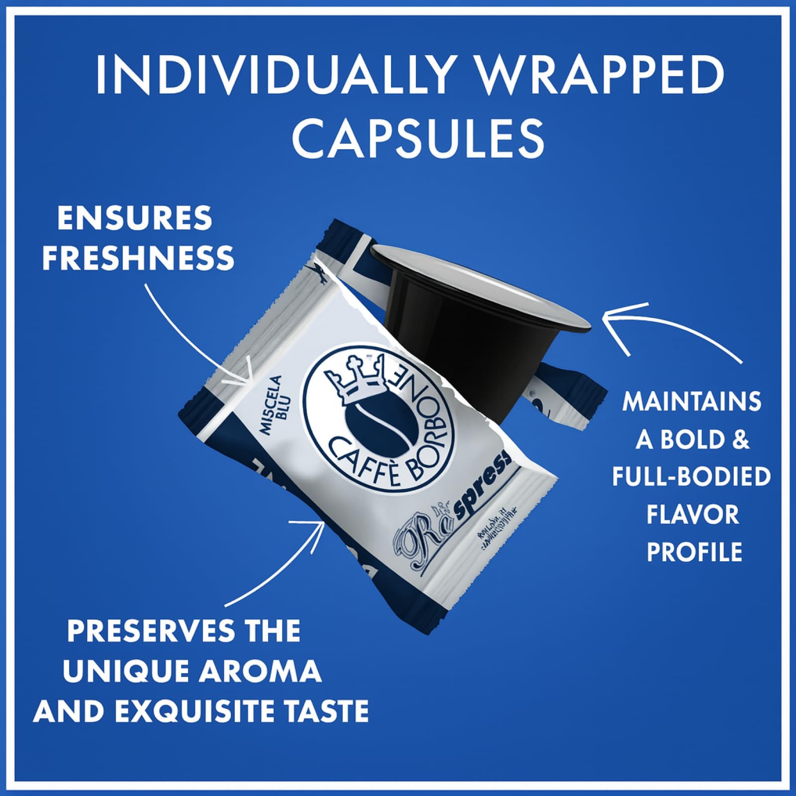 Airtight packaging preserves the aroma of Caffè Borbone Blue Blend