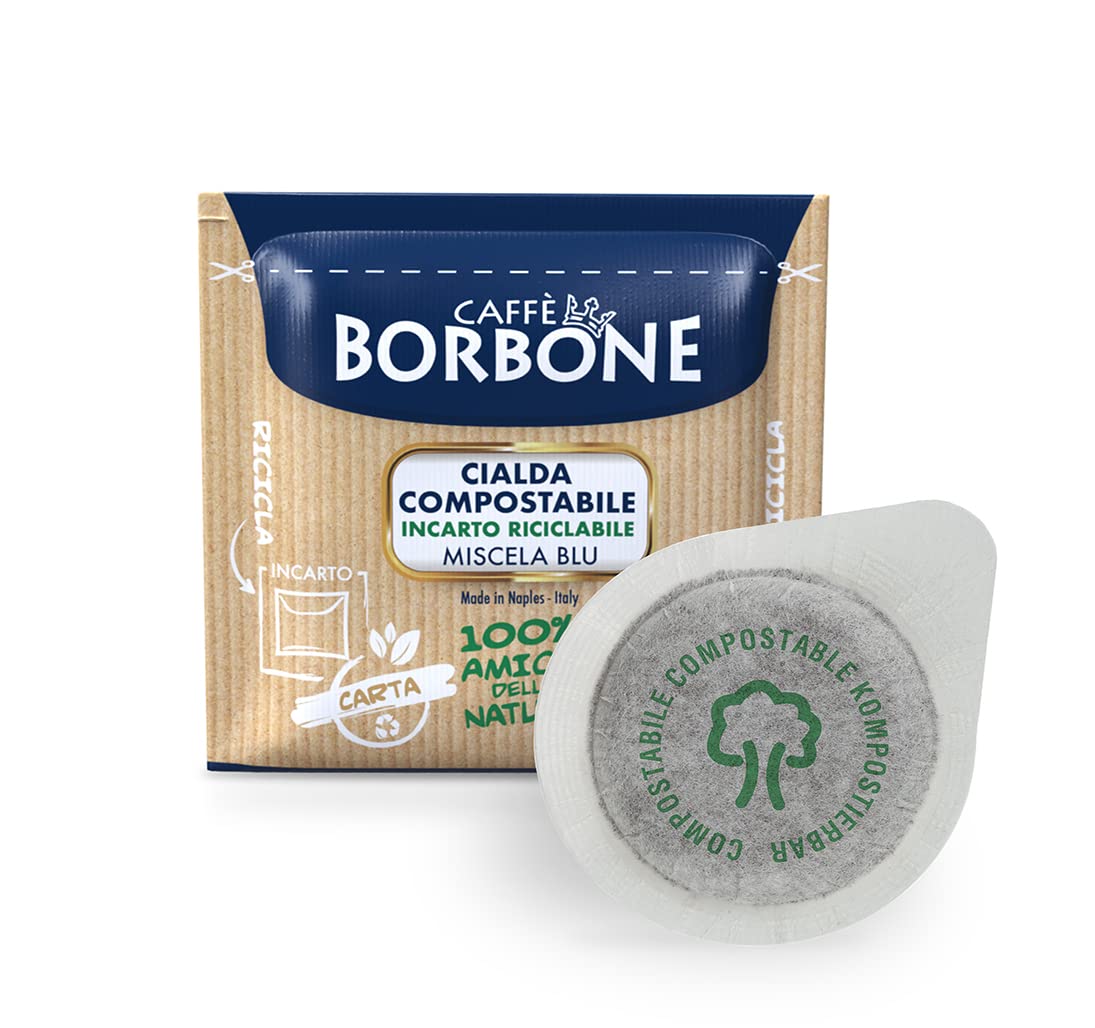 Caffè Borbone Blue Blend packaging image highlighting compostable pods.