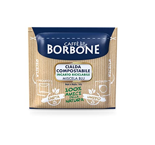 Close-up of Caffè Borbone Blue Blend pod showing 44mm paper design.