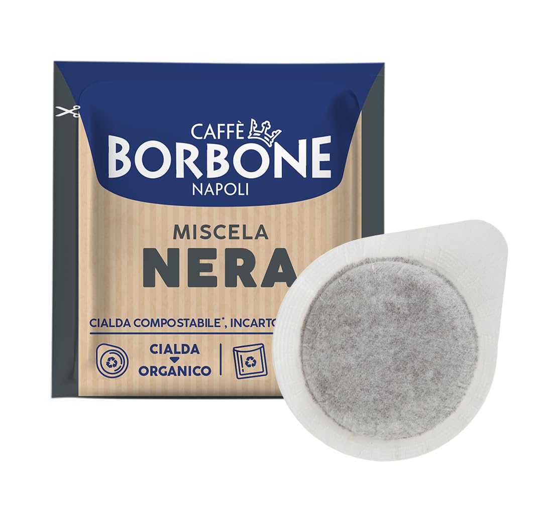 Caffè Borbone ESE Miscela Nera packaging highlights recyclable materials and flavor preservation.