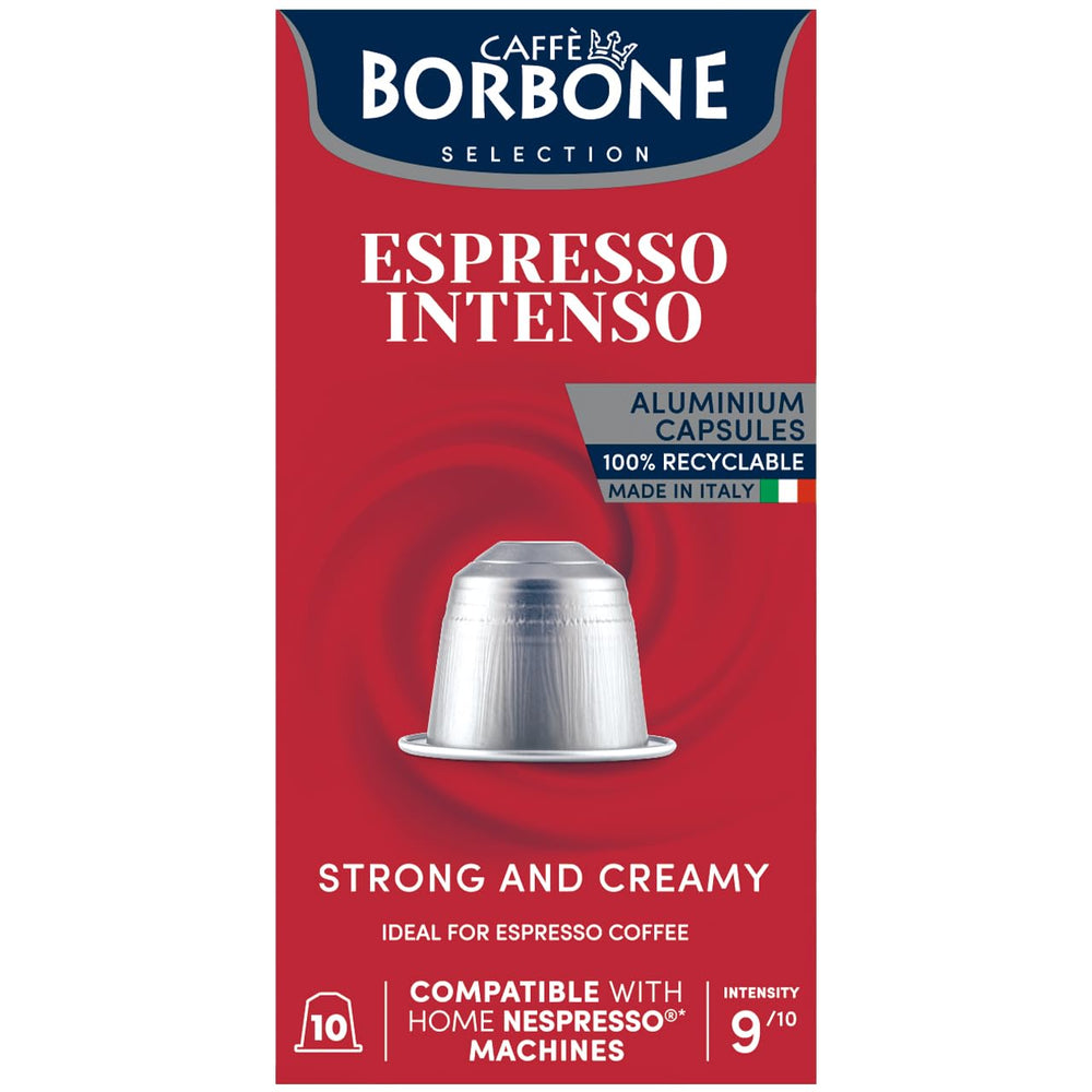 Caffe Borbone Espresso Intenso aluminum capsules in packaging front for quick, reliable espresso.