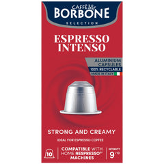 Caffe Borbone Espresso Intenso aluminum capsules in packaging front for quick, reliable espresso.
