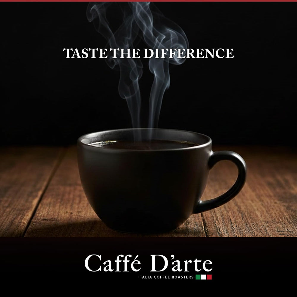 Caffe D’arte coffee bag label highlighting roast and origin