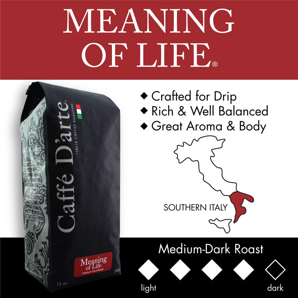 Caffe D’arte Meaning Life medium-dark roast aroma enhances morning drip brews