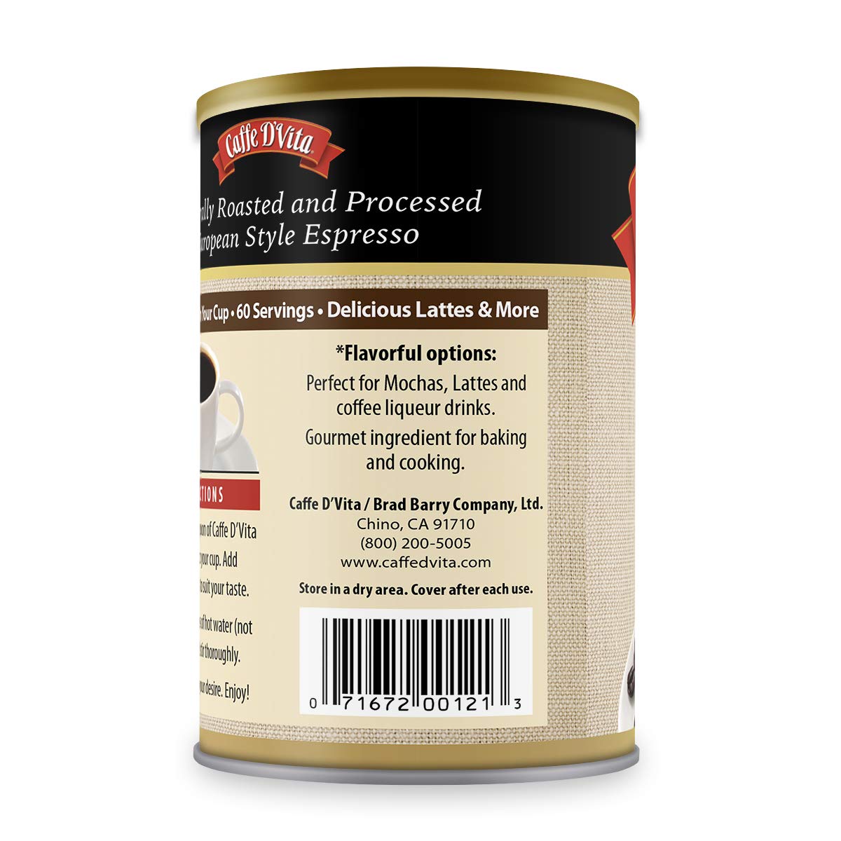 Caffe D'Vita espresso can on kitchen counter for baking and cooking use.