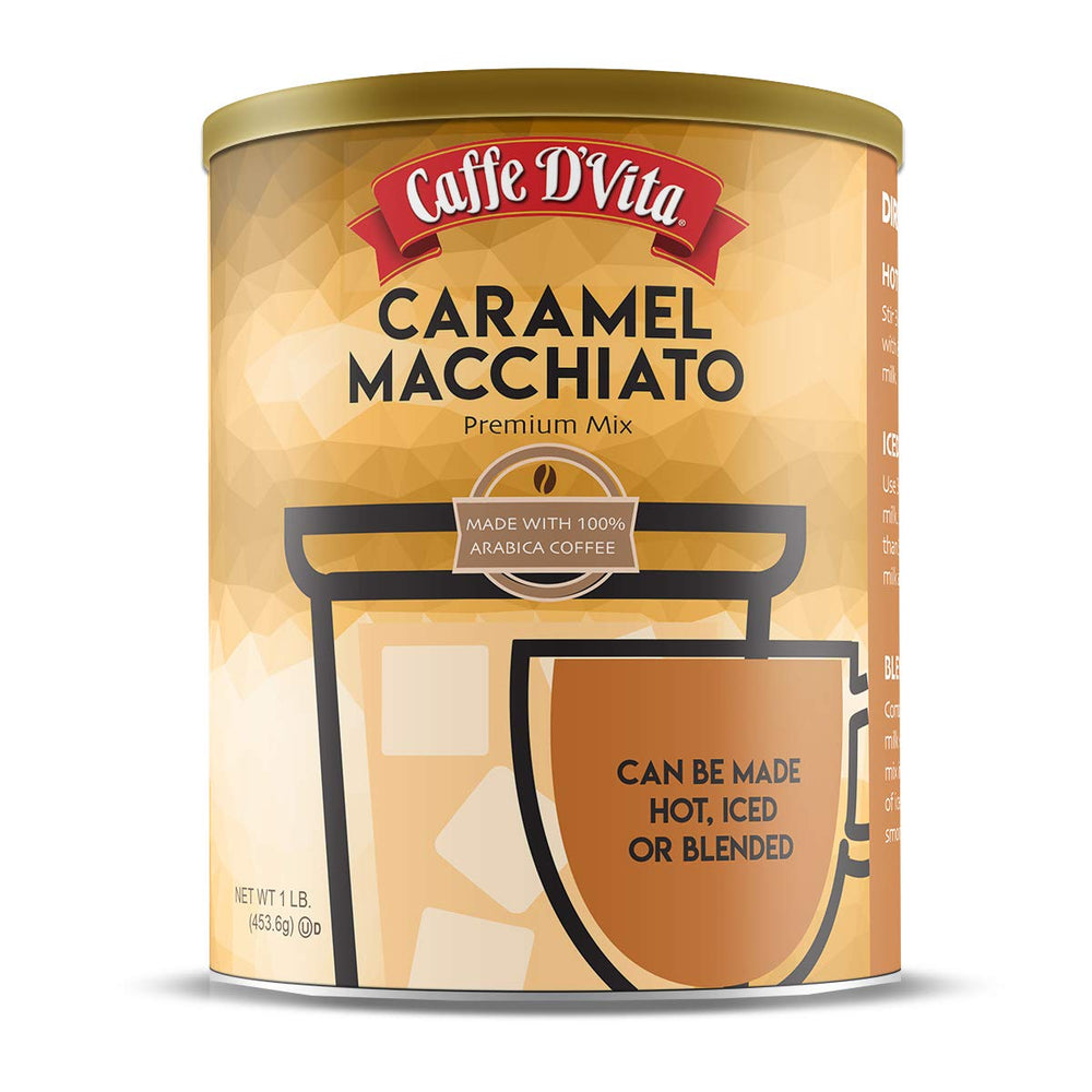 Caffe D'Vita Caramel Macchiato can front—premium instant latte base for fast, café-style drinks.