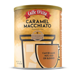 Caffe D'Vita Caramel Macchiato can front—premium instant latte base for fast, café-style drinks.