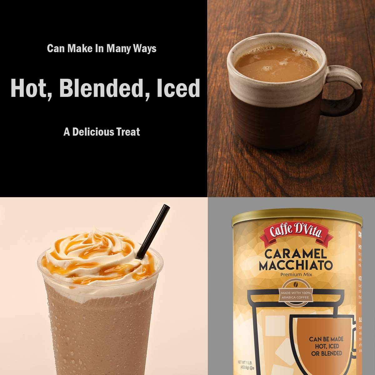 Caffe D'Vita Caramel Macchiato cup with foam, ideal hot or iced.