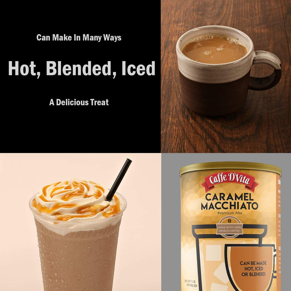 Caffe D'Vita Caramel Macchiato cup with foam, ideal hot or iced.
