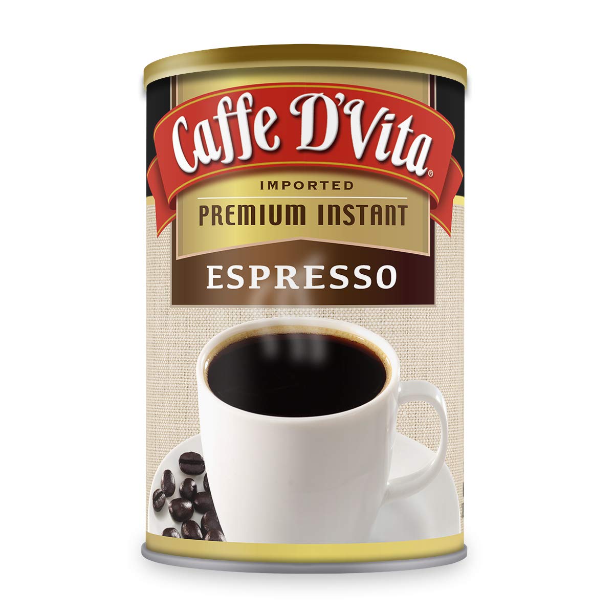 Caffe D'Vita espresso powder can close-up showing rich aroma for authentic espresso.